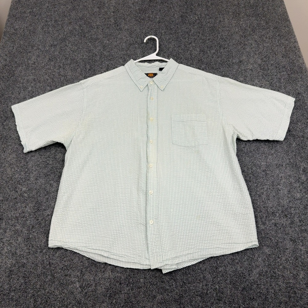 Vintage Route 66 Shirt Men XL Green Cotton Seersucker Gingham Button Down Casual